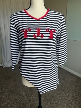 Black White Striped Lobster Embroidered Nautical V Neck 3/4 Sleeve Shirt M L
